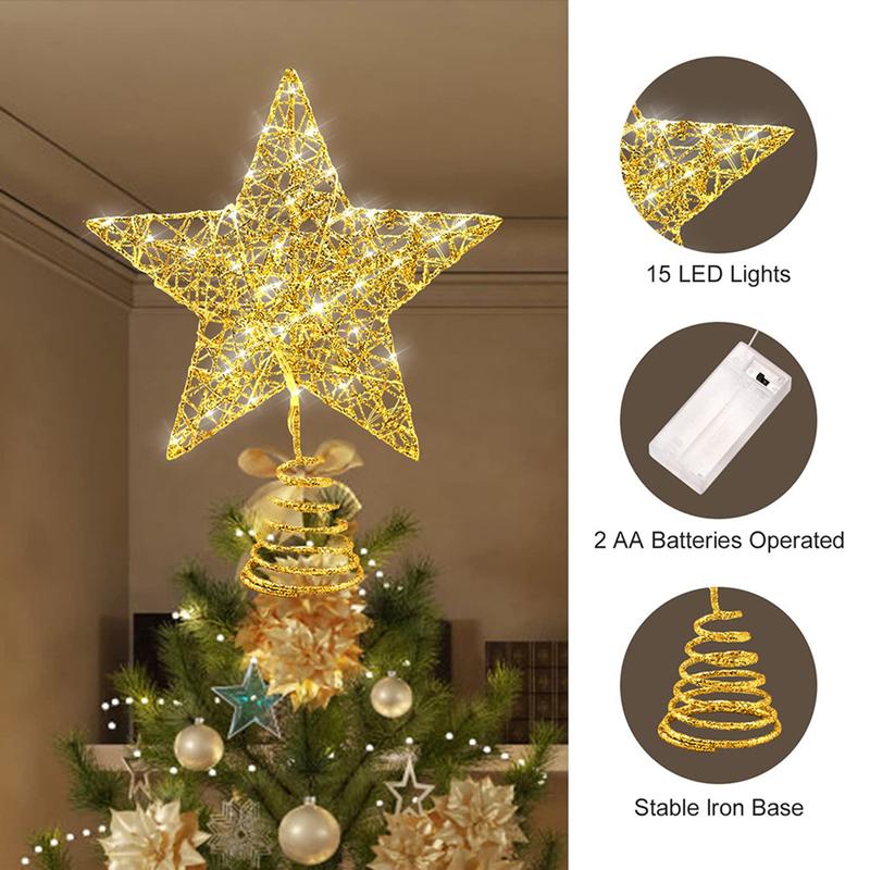 Christmas Star Tree Topper, Lighted Christmas Tree Topper, Hollow Gold Lighted Tree Star, LED Light Up Xmas Tree Topper, Christmas Tree Decorations