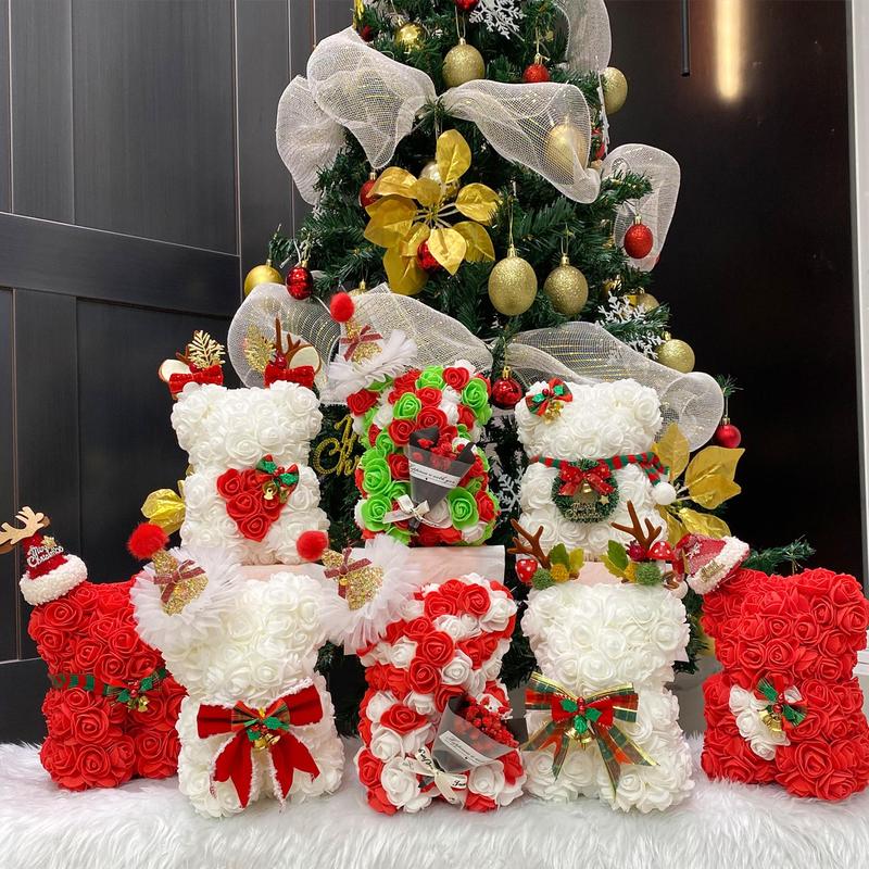 Christmas Themed Artificial Rose Bear Ornaments, 1 Count Cute Artificial Flower with Accessories, Party Gift and Supplies