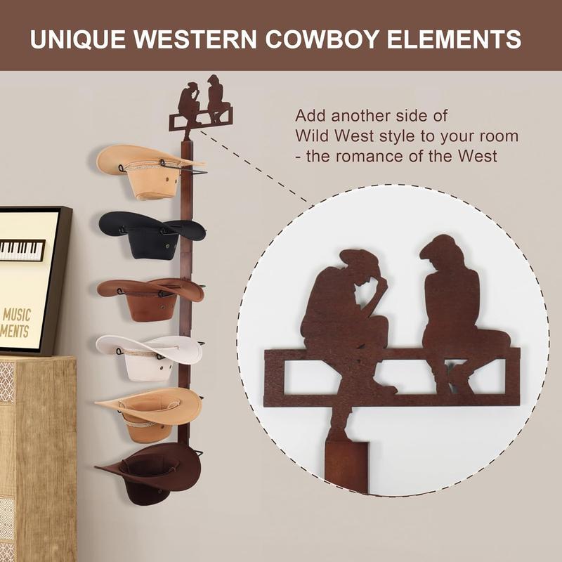 Cowboy Hat Rack Holder for Wall - Wild Western Style Design Hat Organizer with 6 Hat Hooks for Wall Mount, Hat Stand and Hanger for Storage and Organization (Cowboy Lover)