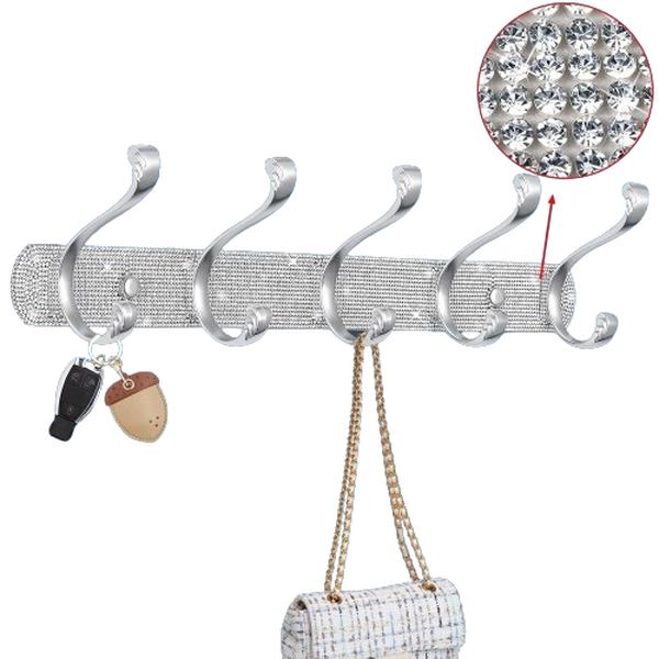 Coat Rack Mount, Shiny Silver Rhinestones Wall Mounted 5 Hooks Key Hooks Decorative Organiser Laundry Stainless Hangable