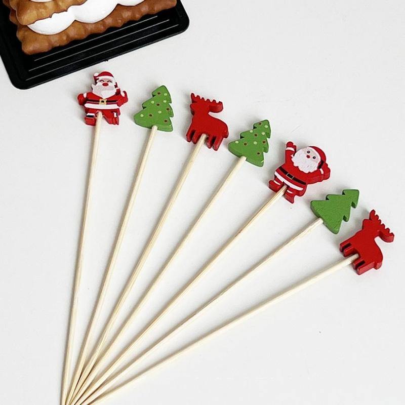 Christmas Themed Disposable Bamboo Stick, 30 100pcs Cute Cartoon Design Fruit Stick, Disposable Tableware for Home Office Party