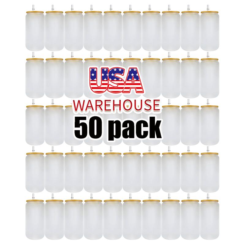 50pack sold by case,Clear and frosted blank sublimation 16oz can with bamboo lid and straw glass can for UV DTF wraps drinking glass Drinkware Plastic