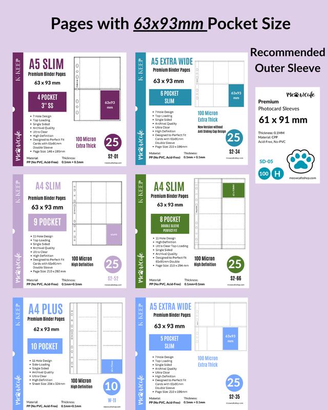 K-KEEP [A4 Slim] - 9 Pocket (63x93mm) For Perfect Fit 61x91mm Double Sleeve- 11 Holes Premium Binder Pages, 100 Micron Thick, High Definition (S2-52)