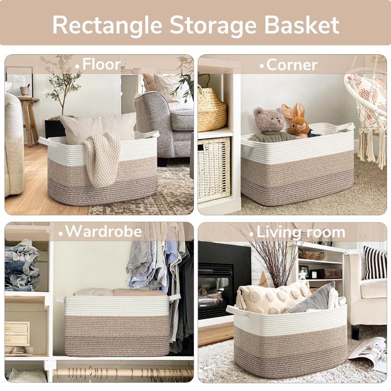 Storage Basket,  Blanket Basket for Living Room, for Clothes, Rectangle Rope Baskets for Storage