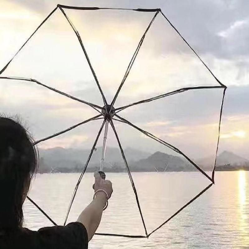 Foldable Transparent Umbrella, 1 Count Multifunction Manual Folding Umbrella, Durable Windproof Travel Umbrella, Rainy Day Essentials