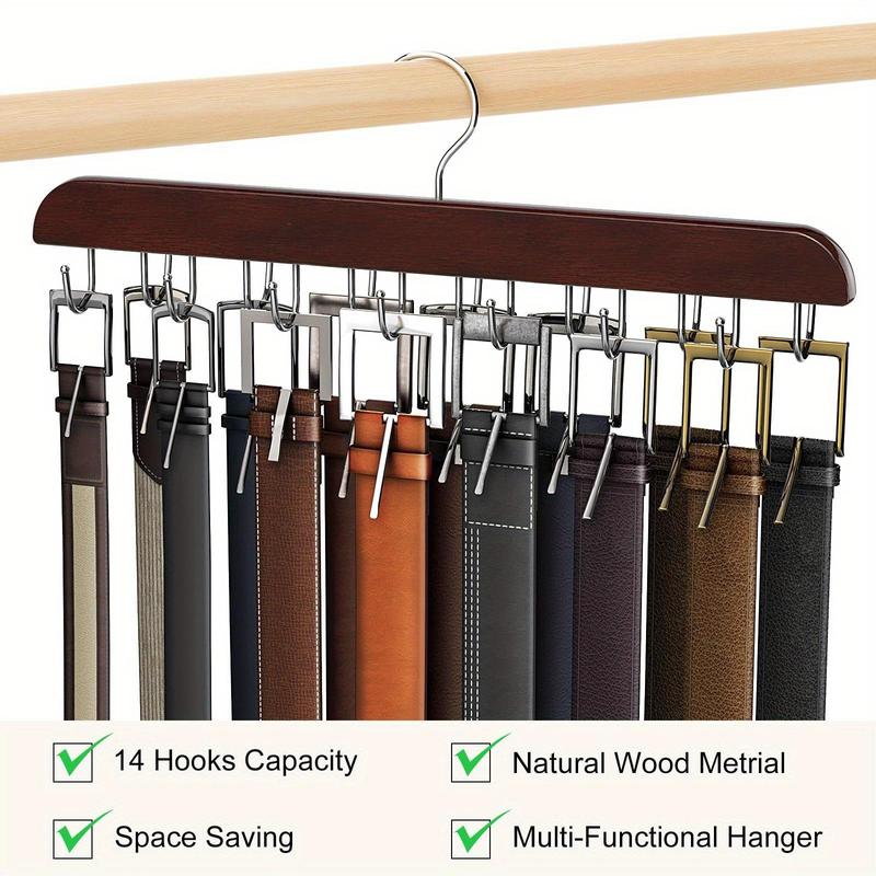 Tie Rack Hanger with 14 Hooks, 1 Count Space Saving Necktie Organizer for Men women, Large Capacity Tie and Belt Wooden Hanger for Closet