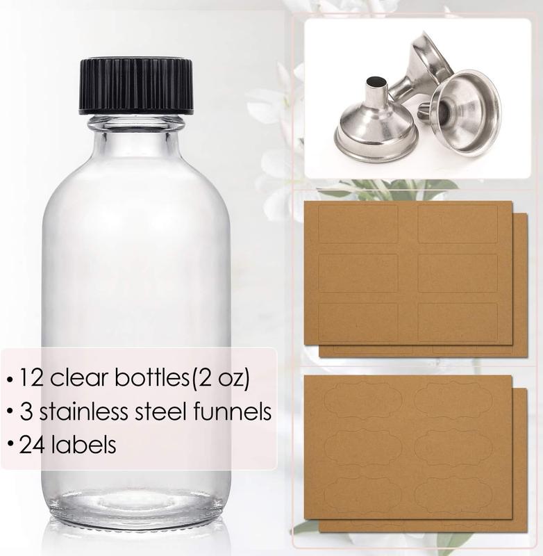 12 Pack, 2 oz Small Clear Glass Bottles with Lids & 3 Stainless Steel Funnels - 60ml