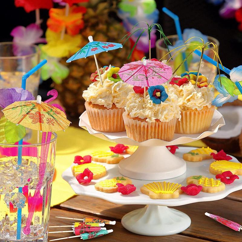 100pcs Cocktail Decoration Prop Set, Drink Topper, Umbrella, Firework, Flamingo & Tropical Plant Design Cocktail Stirring Stick & Straw Set, Bar Drink Accessories, Party Supplies