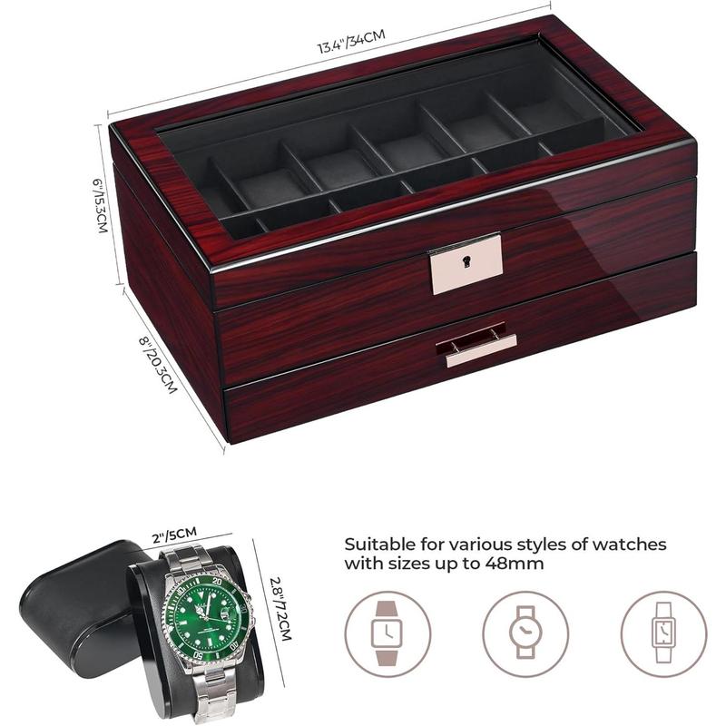 Watch Box 12 Watch Cases for Men with Large Lid Jewelry Box with Watch Storage 2-Tier Paint Surface Watch Holder Organizer for Men Lockable Watch Display Case UJWB001Y