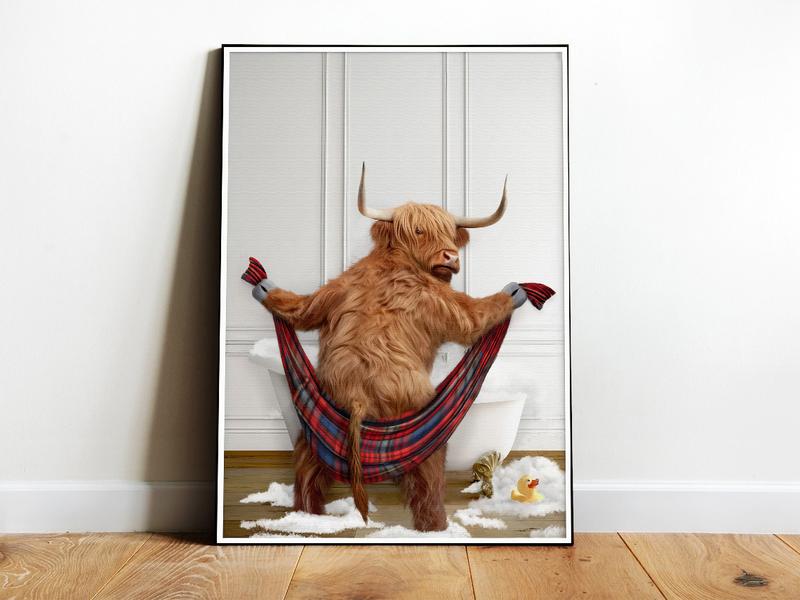 Highland Cow drying with a towel in Bathroom Print, Highland Cow Bathing, Funny Bath Bathroom Print Decor Poster Artwork Wall