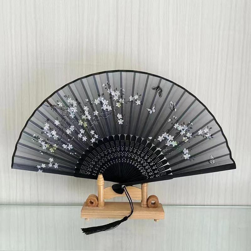 Bamboo & Silk Cloth Folding Fan, 1 Count Flower Pattern Elegant Durable Foldable Hand Fan for Men, Decorative Fan for Wedding, Party