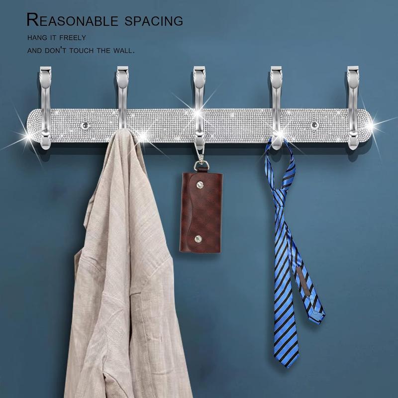 Coat Rack Mount, Shiny Silver Rhinestones Wall Mounted 5 Hooks Key Hooks Decorative Organiser Laundry Stainless Hangable