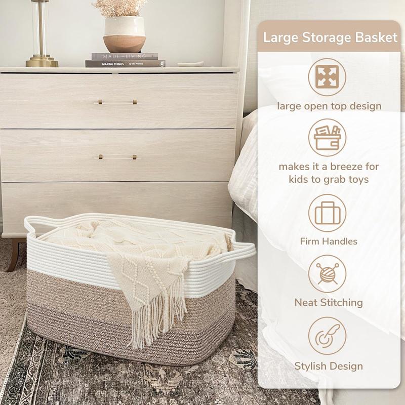 Storage Basket,  Blanket Basket for Living Room, for Clothes, Rectangle Rope Baskets for Storage