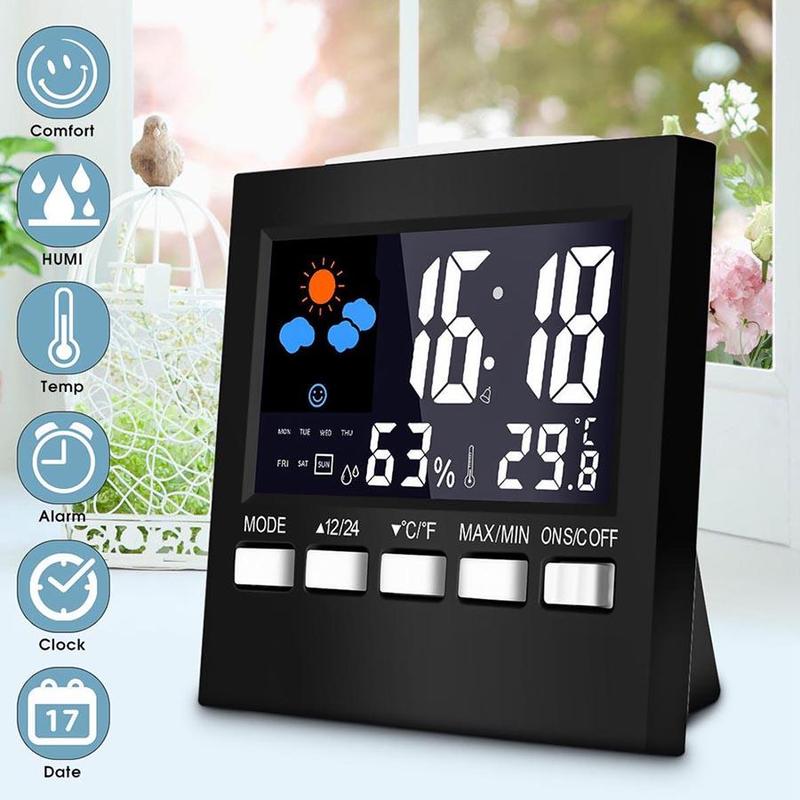 Color Display Digital Atomic Alarm Clock, Battery Powered LED Backlight Atomic Desk Clock, Indoor Temperature and Humidity Clock for Home Office