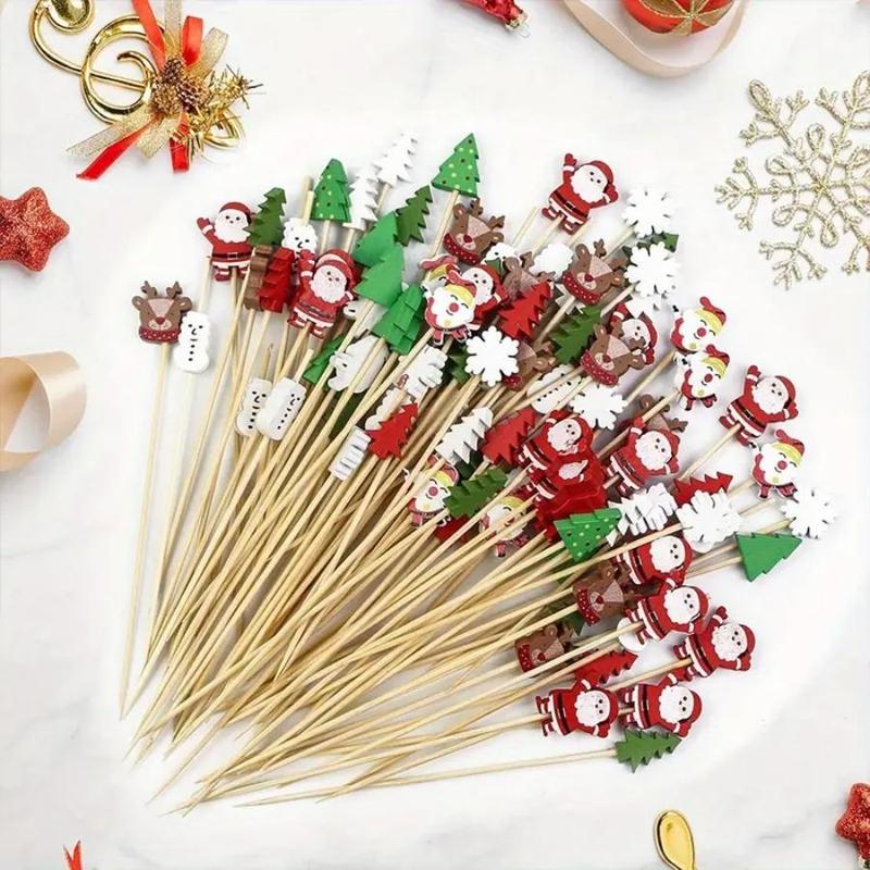 Christmas Themed Disposable Bamboo Stick, 30 100pcs Cute Cartoon Design Fruit Stick, Disposable Tableware for Home Office Party