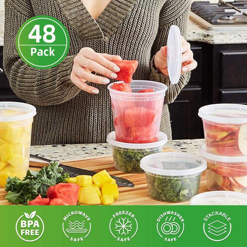 48-Pack Food Containers with Lids - 8 12 16 24 32 oz Disposable Soup Containers - Clear Plastic Sealable Takeout Food Containers , Leak-Proof