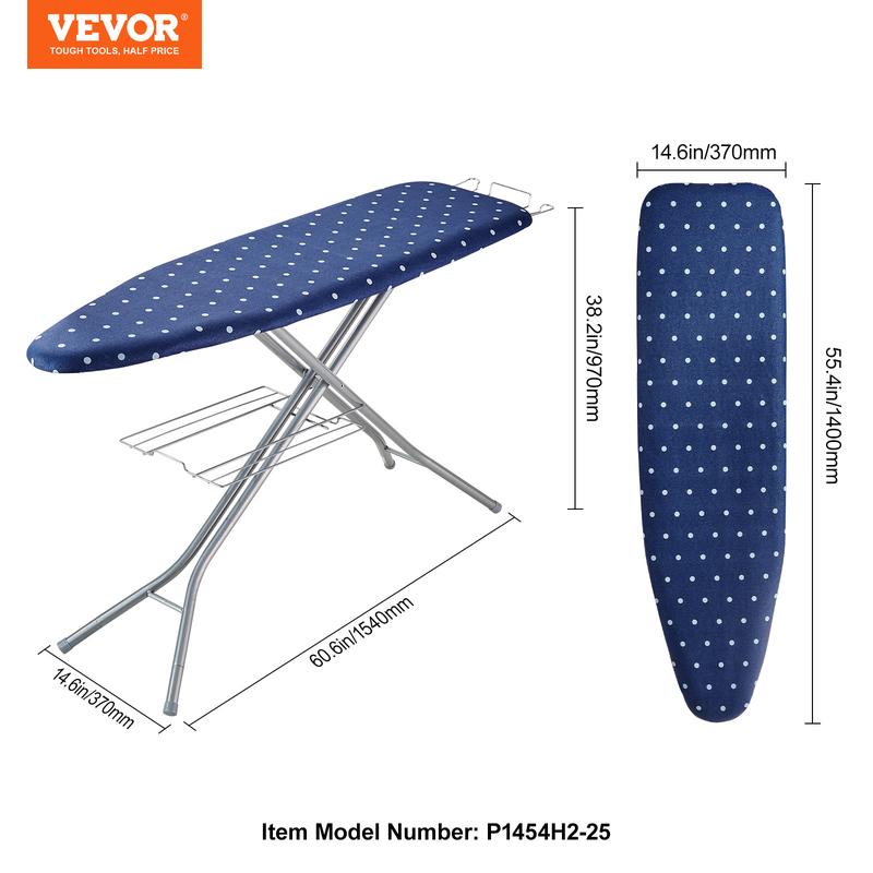 VEVOR Ironing Board with Bottom Storage Tray, Thickened 4 Layers Iron Board with Heat Resistant Cover and 100% Cotton Cover, 10 Adjustable Heights Ironing Board for Home Laundry Room Use (Size 55x15) Accessories Smooth