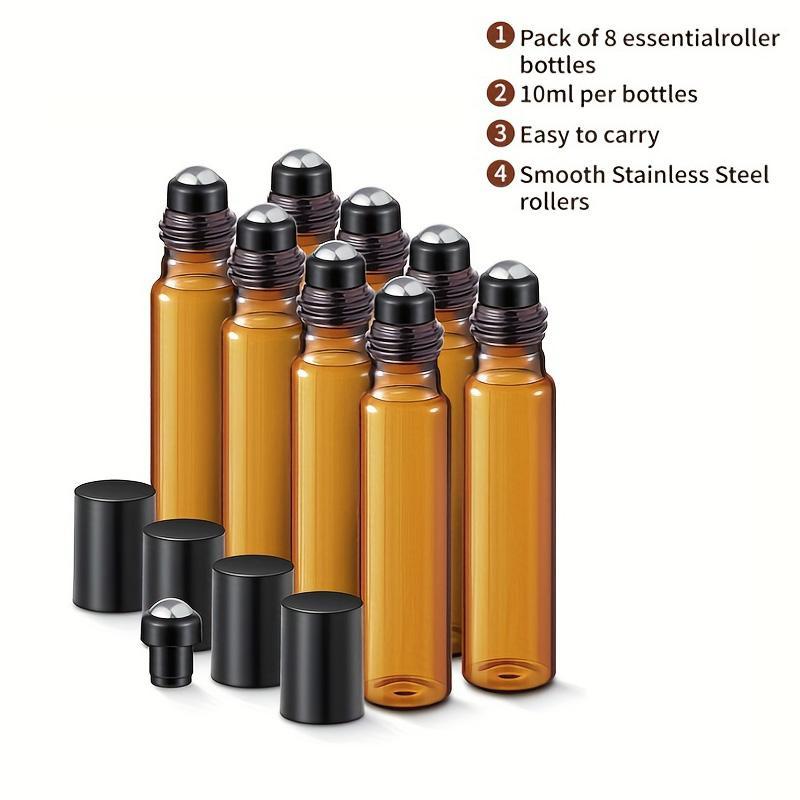 Essential Oil Roller Bottle, 8 Counts set Amber Glass Roller Bottle With Stainless Steel Ball, Perfume And Lip Gloss Mini Size Decanter