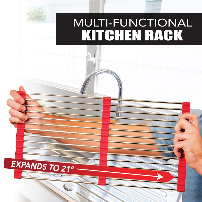 Total Rack 9-in-1 Organizer Expands 11” to 21”. Over-the-Sink Drying Rack and Trivet. Oven-Safe for Crisping, Nonslip Silicone, Stainless-Steel. Great kitchen Tool. Also great for drying in Laundry room.