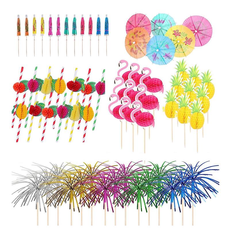 100pcs Cocktail Decoration Prop Set, Drink Topper, Umbrella, Firework, Flamingo & Tropical Plant Design Cocktail Stirring Stick & Straw Set, Bar Drink Accessories, Party Supplies