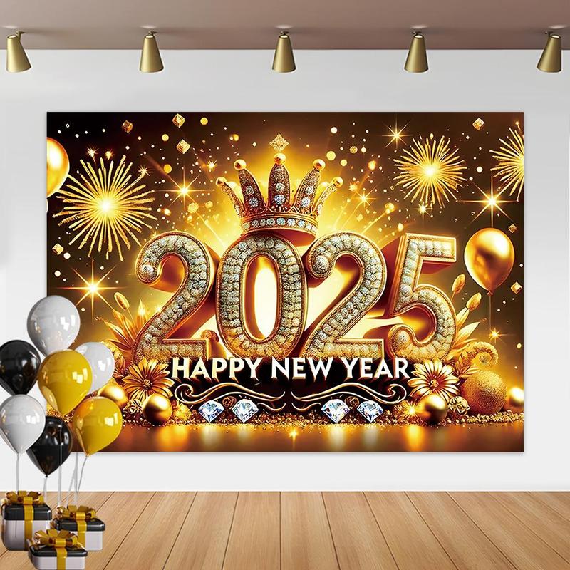 Happy New Year Themed Background, 1 Count 2025 New Year Celebration Background, Party Decoration Supplies for Home Living Room Bedroom Kitchen