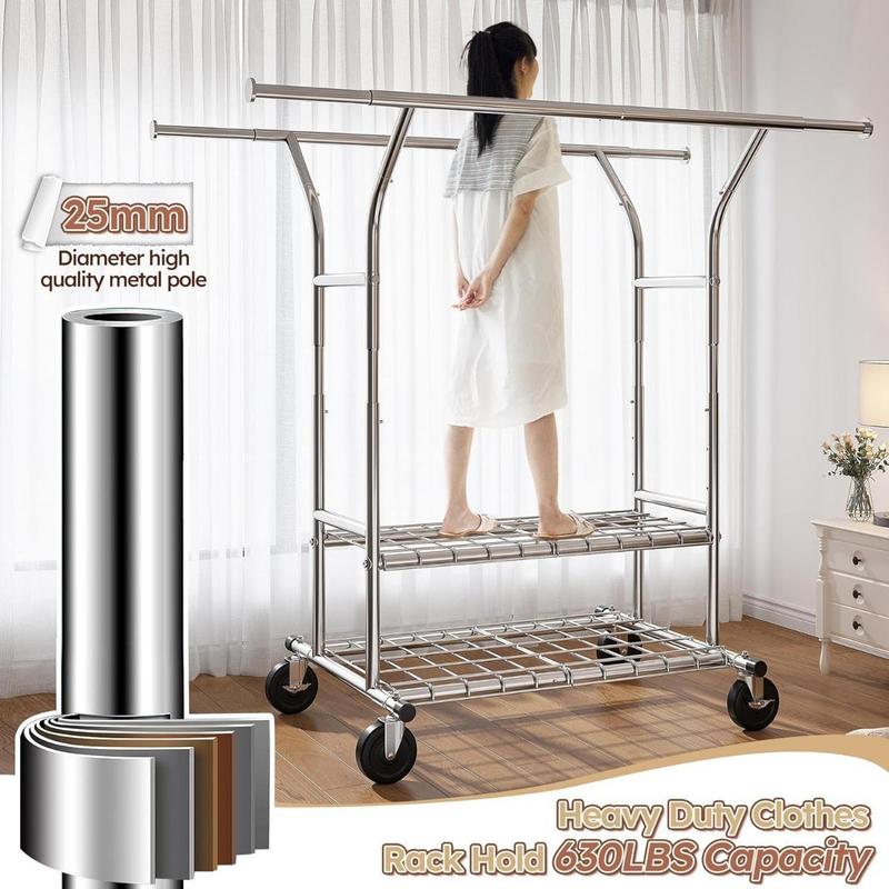 Clothes Rack Heavy Duty Clothing Rack with Wheels Load 630lbs Clothing Racks for Hanging Clothes Rolling Clothes Rack Adjustable Garment Rack Commercial Portable Clothes Rack 74