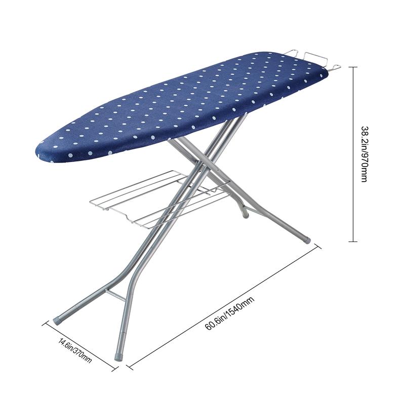 VEVOR Ironing Board with Bottom Storage Tray, Thickened 4 Layers Iron Board with Heat Resistant Cover and 100% Cotton Cover, 10 Adjustable Heights Ironing Board for Home Laundry Room Use (Size 55x15) Accessories Smooth