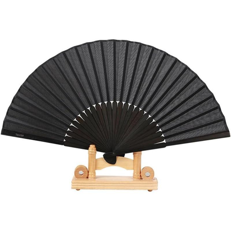 2 Pack Bamboo Silk Folding Fan Handheld,Vintage Retro Fabric Fans, Black Hand Fan for Performance, Dance, Fighting, Wedding,Party & Gift