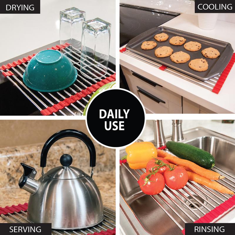 Total Rack 9-in-1 Organizer Expands 11” to 21”. Over-the-Sink Drying Rack and Trivet. Oven-Safe for Crisping, Nonslip Silicone, Stainless-Steel. Great kitchen Tool. Also great for drying in Laundry room.