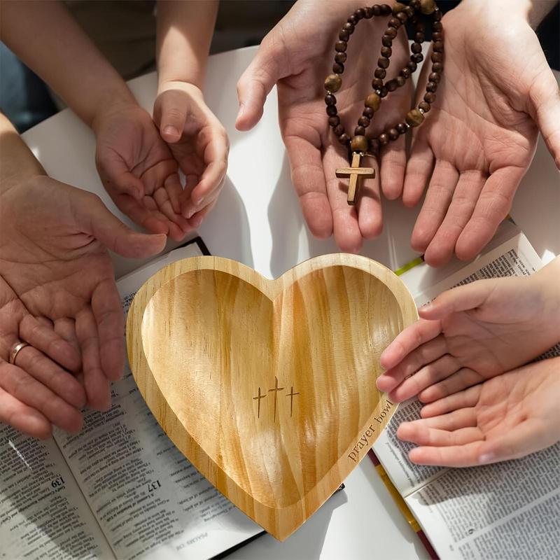 Wooden Heart Shaped Prayer Bowl, Vintage Prayer Bowls with Cross & Letter, Religious Decoration for Living Room, Prayer Room