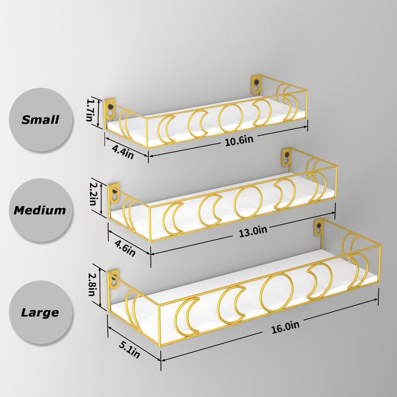 Moon Phase Floating Shelf Gold, Set of 3 Small Shelves for Crystal Display, Bedroom Living Room Wall Shelves for Storage Plant Book, White Board