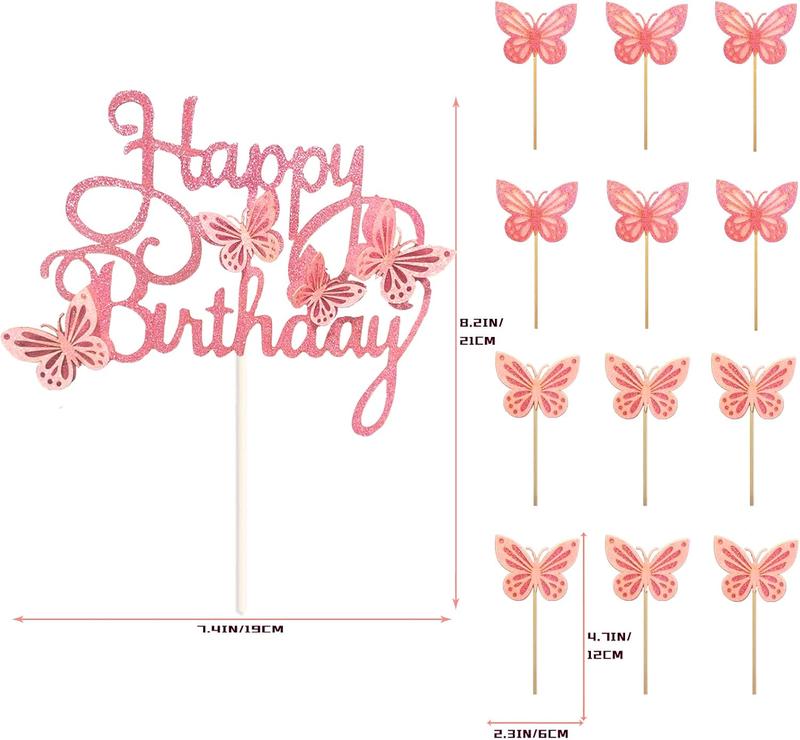 13-Pieces 3D Butterfly Cupcake Topper for Girls Women's Happy Birthday Cake Decorations Party Decorations(Pink)