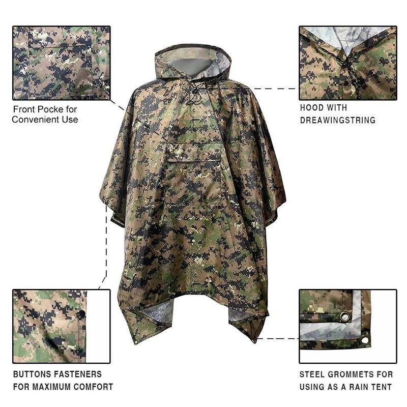 Camouflage Print Rain Poncho with Hooded, 1 Count Waterproof Portable Raincoat with Storage Bag, Raincoat for Outdoor Camping & Hiking