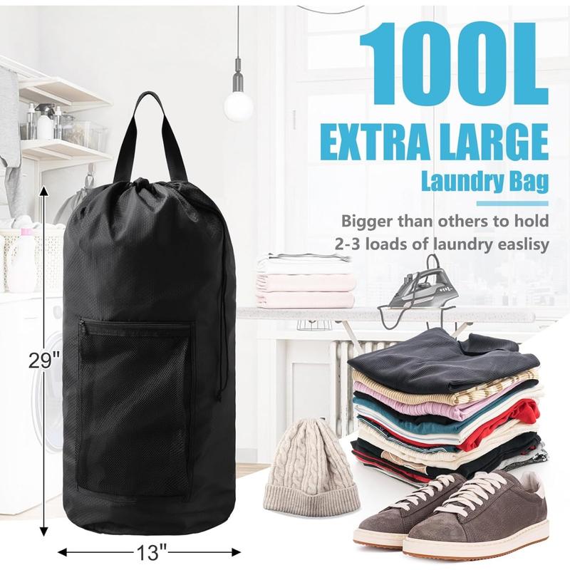 Laundry Bag Backpack,Large Travel Laundry Bag with Mesh Pocket & Adjustable Shoulder Straps,Dirty Clothes Travel Bag for College Students Dorm,Apartment(Black)