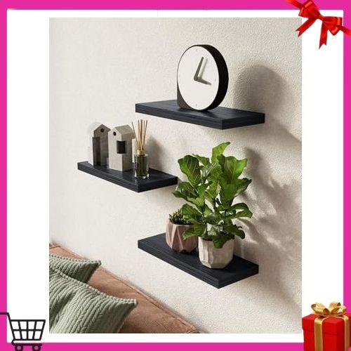 BAYKA Floating Shelves for Wall, Wall Mounted Rustic Wood Shelves for Bathroom, Bedroom, Living Room, Kitchen, Hanging Shelf for Books Storage Room Decor with 22lbs Capacity (Black, Set of 3, 16in)