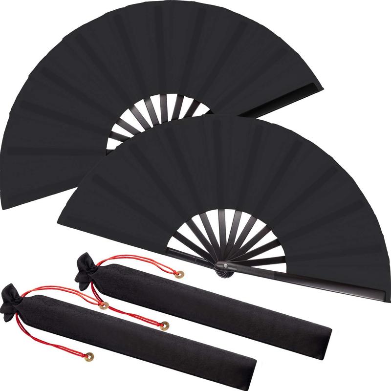 Maitys Large Folding Silk Hand Fans Festival Tai Ji Fan Chinese Folding Rave Fan Handheld Renaissance Fan Martial Art Fans for Men and Women, Dance, Decorations, Festival, Gift(Black, 2 Packs)