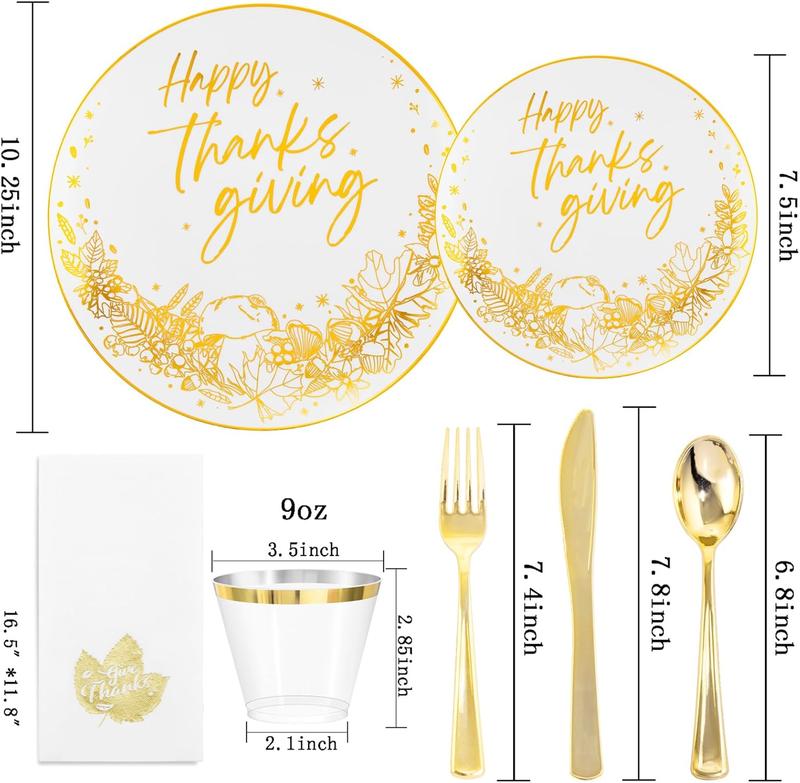 Nervure 175 Pcs Thanksgiving Plastic Plates - White and Gold Plates Disposable Includes 25 Dinner Plates,25 Dessert Plates, 25 Knives, 25 Forks, 25 Spoons, 25 Cups, 25 Napkins Perfect for Party