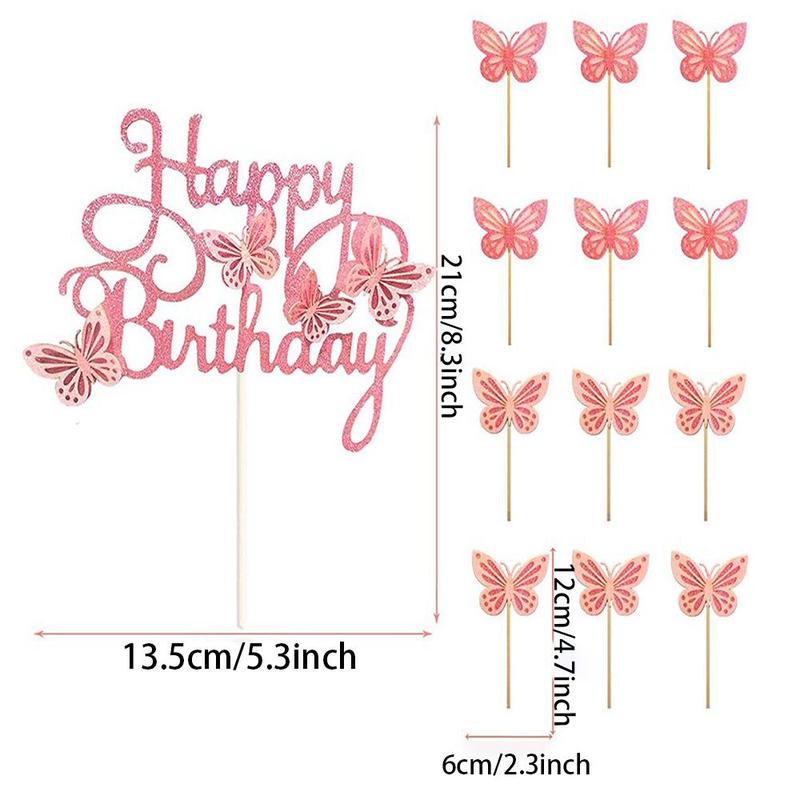 Cake Topper Set, 13pcs set Including 1 Count Happy Birthday Cake Topper and 12pcs Butterfly Shaped Cake Topper, Girls Birthday Cake Decoration