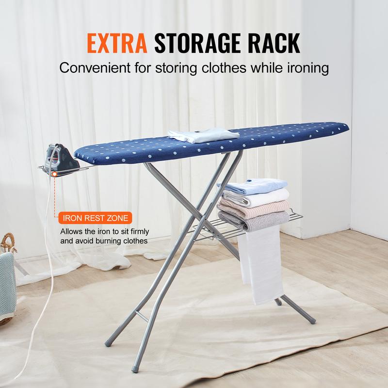 VEVOR Ironing Board with Bottom Storage Tray, Thickened 4 Layers Iron Board with Heat Resistant Cover and 100% Cotton Cover, 10 Adjustable Heights Ironing Board for Home Laundry Room Use (Size 55x15) Accessories Smooth