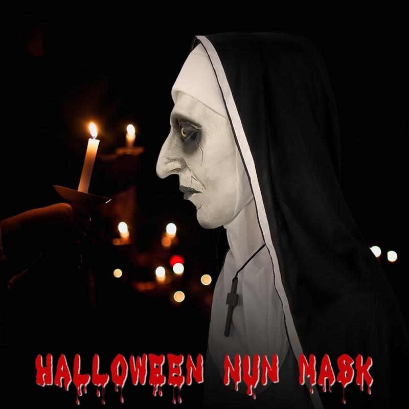 Nun Costume Mask 2023  Version - Realistic Latex Mask with Headgear and Cross Necklace for Halloween Night (ShutMouth)