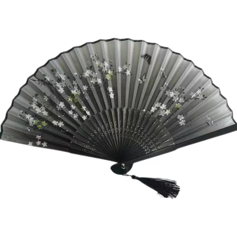 Bamboo & Silk Cloth Folding Fan, 1 Count Flower Pattern Elegant Durable Foldable Hand Fan for Men, Decorative Fan for Wedding, Party