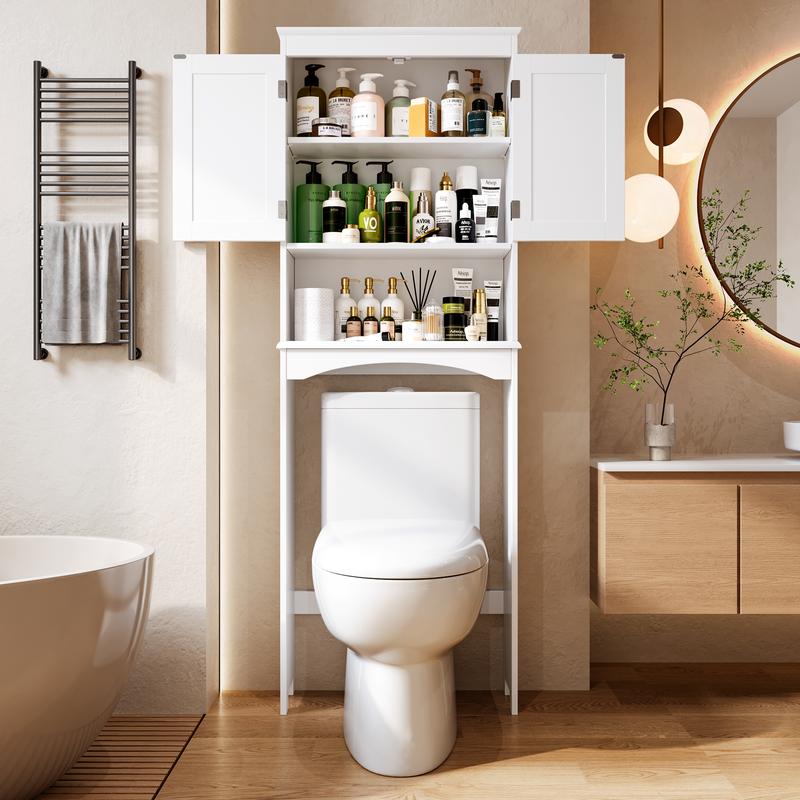 Over The Toilet Storage Cabinet with Adjustable Shelf and Double Doors, Bathroom Space Saver Organizer Above Toilet with Open Shelf, Taller Wooden Free Standing Toilet Rack -White bathroom cabinet