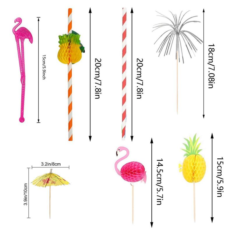 100pcs Cocktail Decoration Prop Set, Drink Topper, Umbrella, Firework, Flamingo & Tropical Plant Design Cocktail Stirring Stick & Straw Set, Bar Drink Accessories, Party Supplies