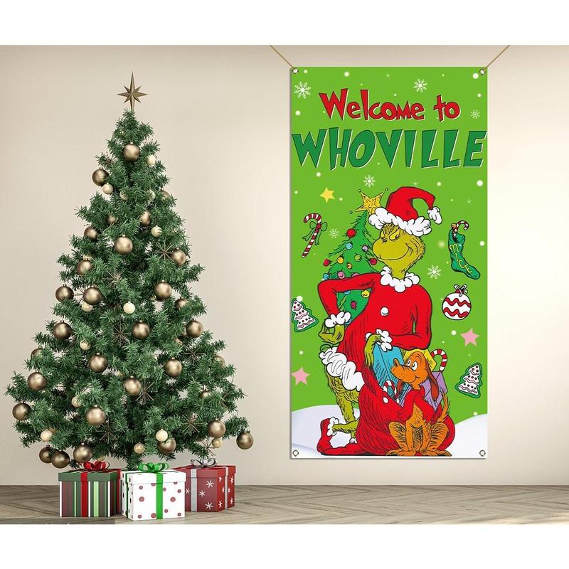 Welcome to Whoville Christmas Door Cover Green  Xmas Winter Holiday Party Decoration Backdrop Door Hanging Banner (Green-B)