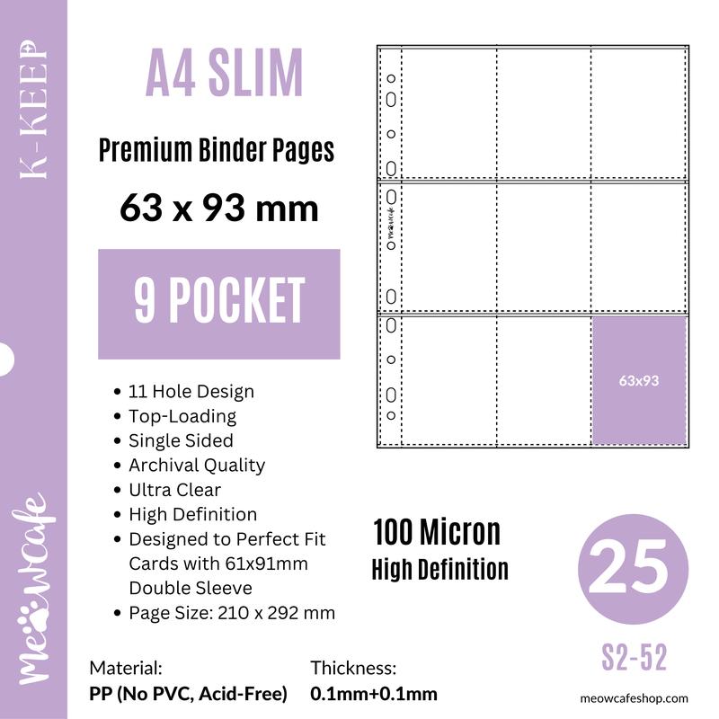 K-KEEP [A4 Slim] - 9 Pocket (63x93mm) For Perfect Fit 61x91mm Double Sleeve- 11 Holes Premium Binder Pages, 100 Micron Thick, High Definition (S2-52)