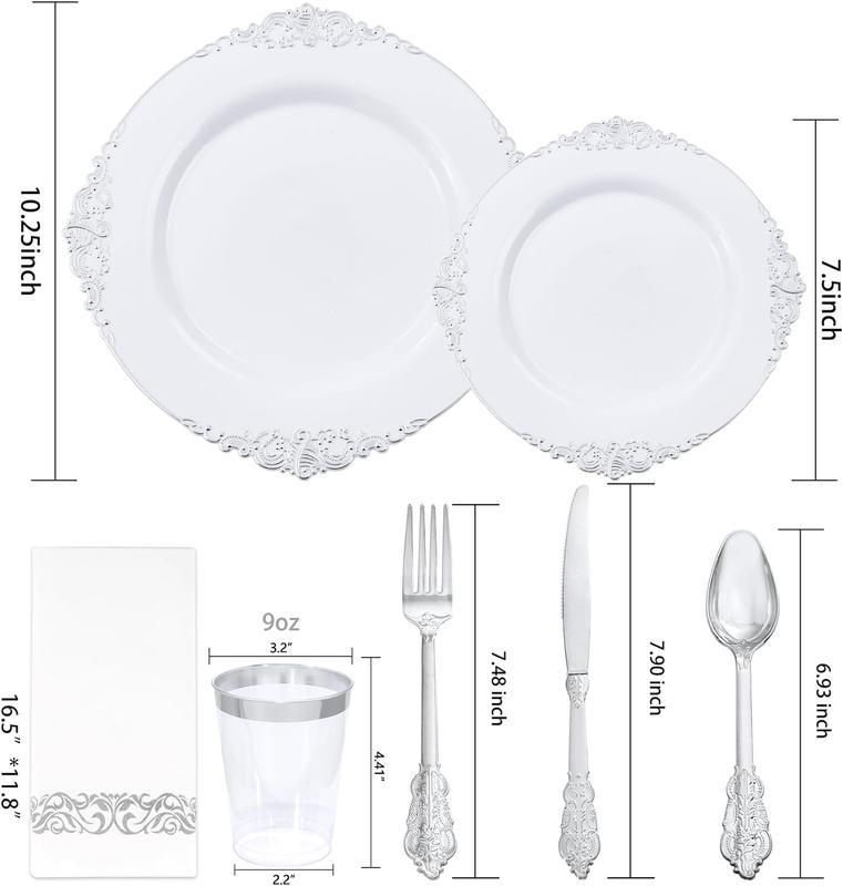 Nervure 350PCS White and Silver Plastic Plates - Silver Plastic Dinnerware Sets for 50 Guests - 100 Silver Disposable Plates, 150 Silver Plastic Silverware, 50 Cups,Napkins for Wedding & Party