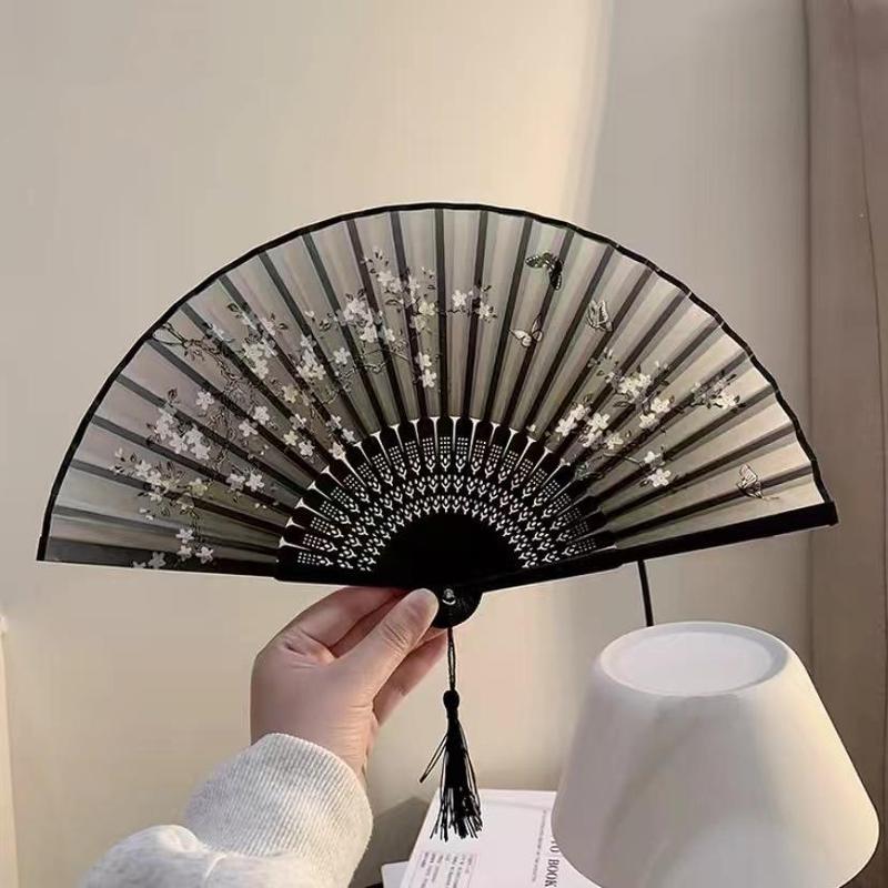 Bamboo & Silk Cloth Folding Fan, 1 Count Flower Pattern Elegant Durable Foldable Hand Fan for Men, Decorative Fan for Wedding, Party