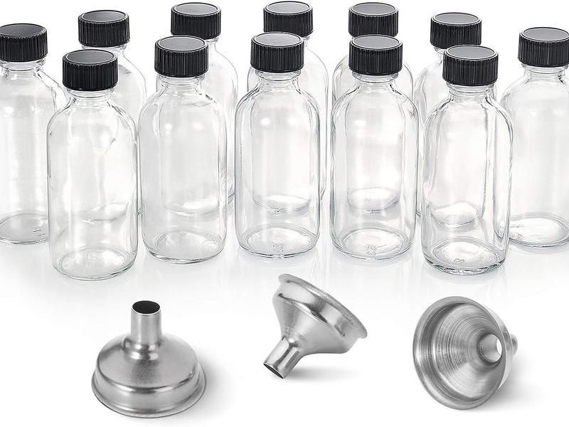 12 Pack, 2 oz Small Clear Glass Bottles with Lids & 3 Stainless Steel Funnels - 60ml