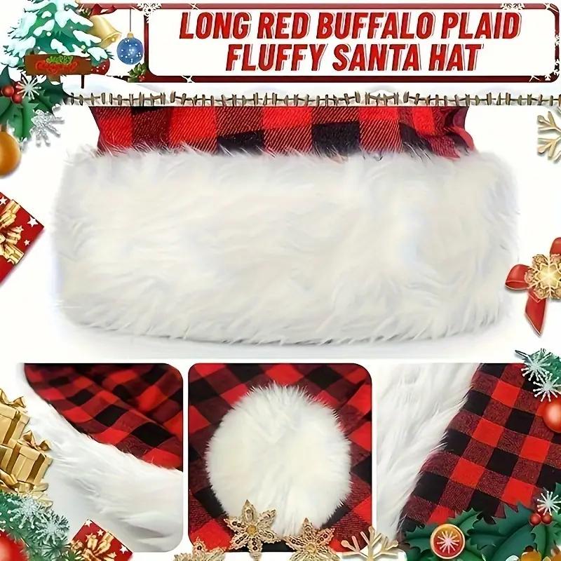 Christmas Hats, Long Santa Hat For Adult Red And Black Plaid, Fluffy Plush Santa Claus Hats Holiday Hats For Party