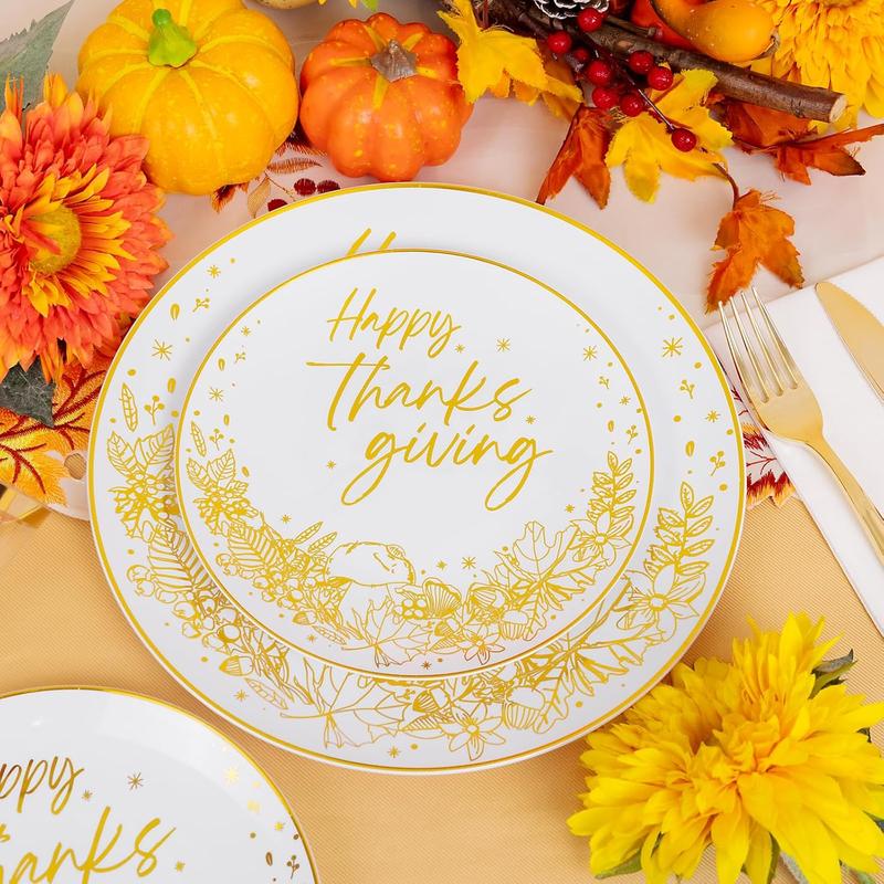 Nervure 175 Pcs Thanksgiving Plastic Plates - White and Gold Plates Disposable Includes 25 Dinner Plates,25 Dessert Plates, 25 Knives, 25 Forks, 25 Spoons, 25 Cups, 25 Napkins Perfect for Party